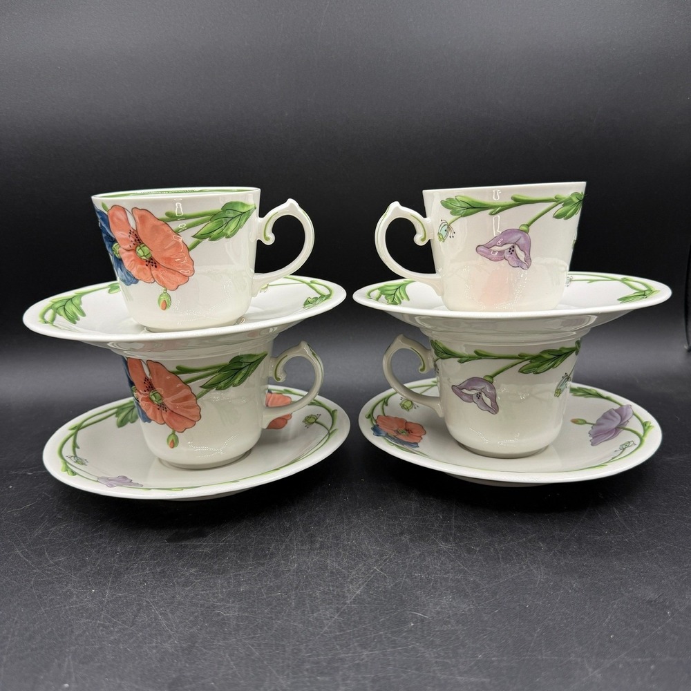 Villeroy & Boch AMAPOLA Set 4 Coffee/Tea Mug Cups 3 1/2" Saucers Poppies